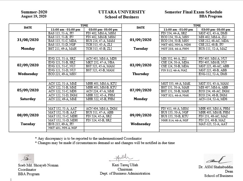 Sem Final Exam Schedule, Summer-2020 - Uttara University