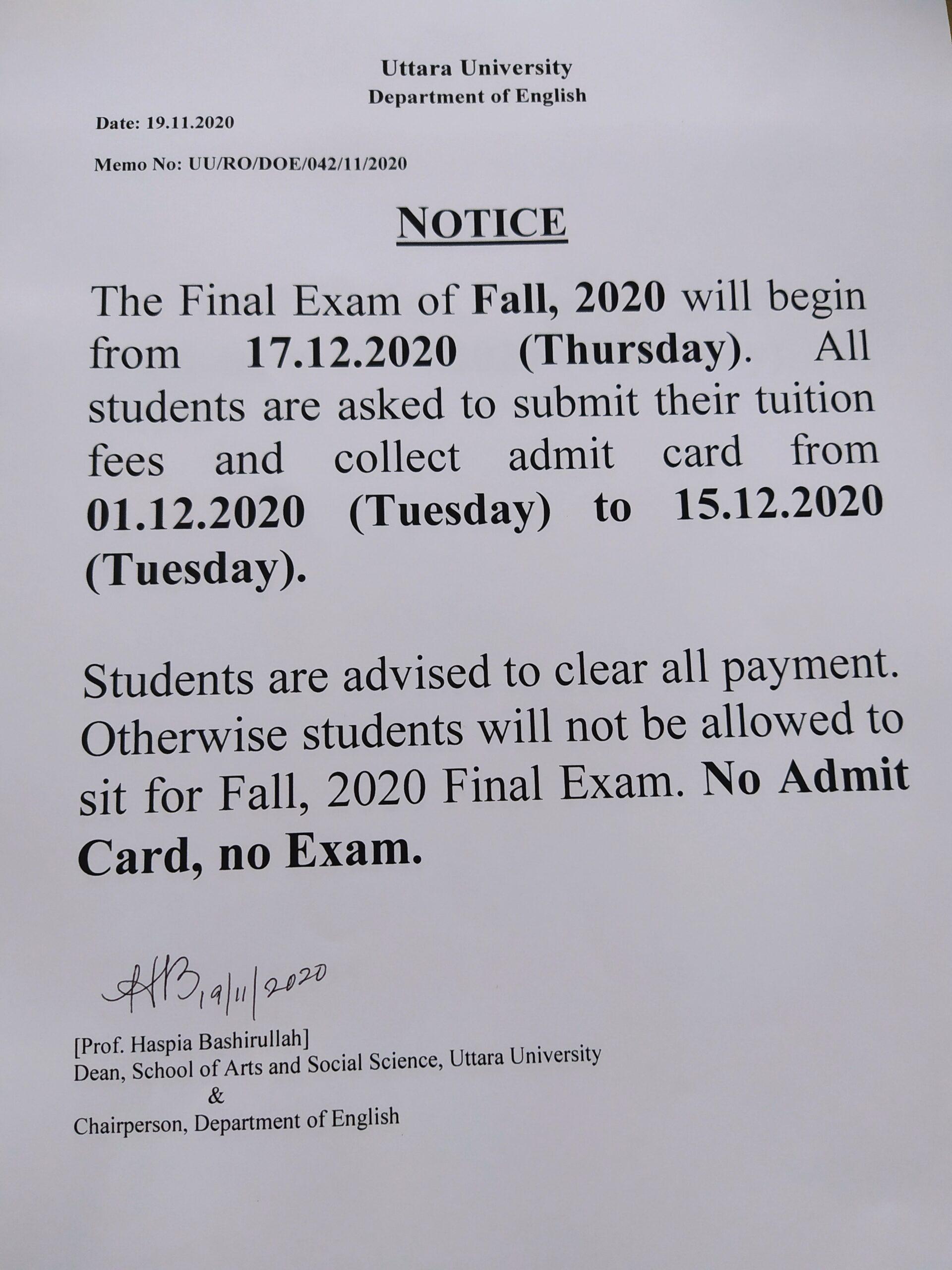 Fall 2020, Final Exams Notice (Correction) Uttara University