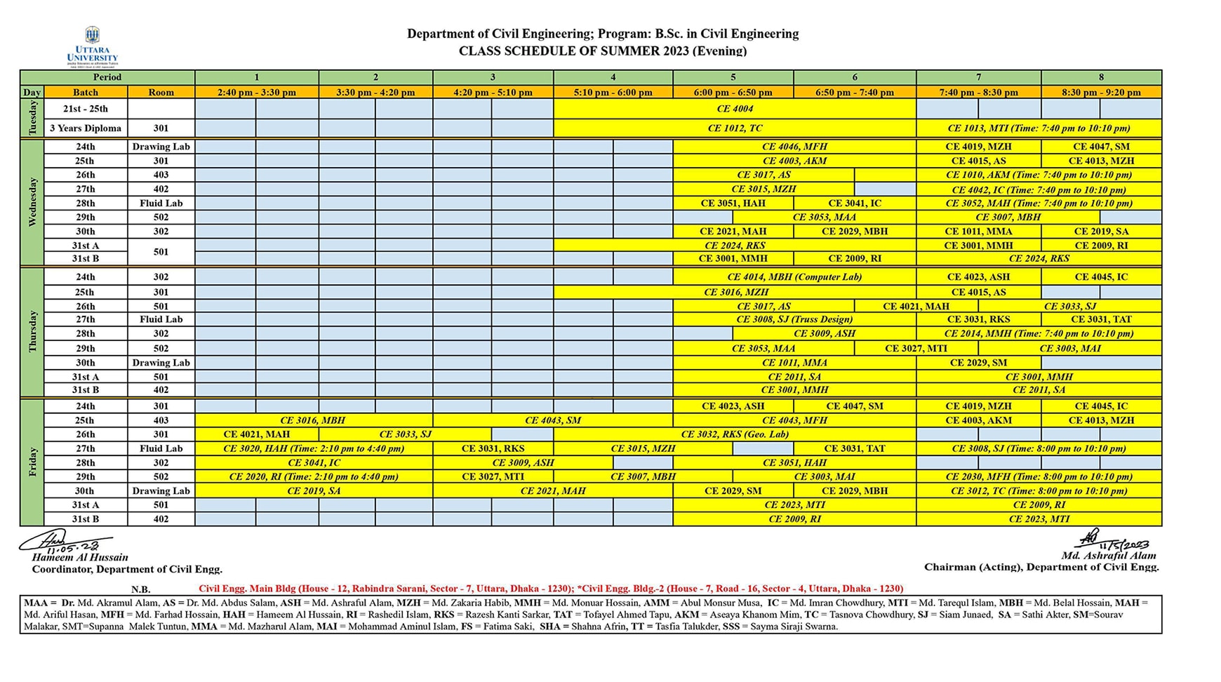 Revised Class Schedule Summer23 Department of Civil Engineering